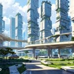Una ciudad futurista con edificios sostenibles rodeada de naturaleza en un día soleado