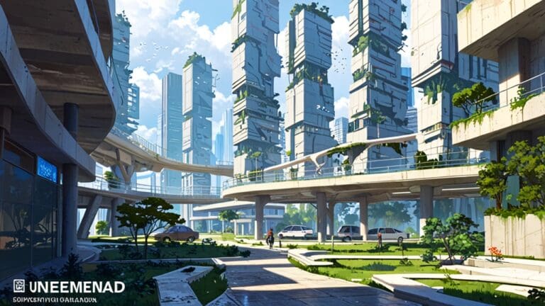Una ciudad futurista con edificios sostenibles rodeada de naturaleza en un día soleado