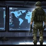 Imagen digital de un centro de comando militar moderno con pantallas y tecnología avanzada.