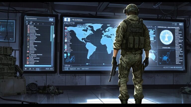 Imagen digital de un centro de comando militar moderno con pantallas y tecnología avanzada.
