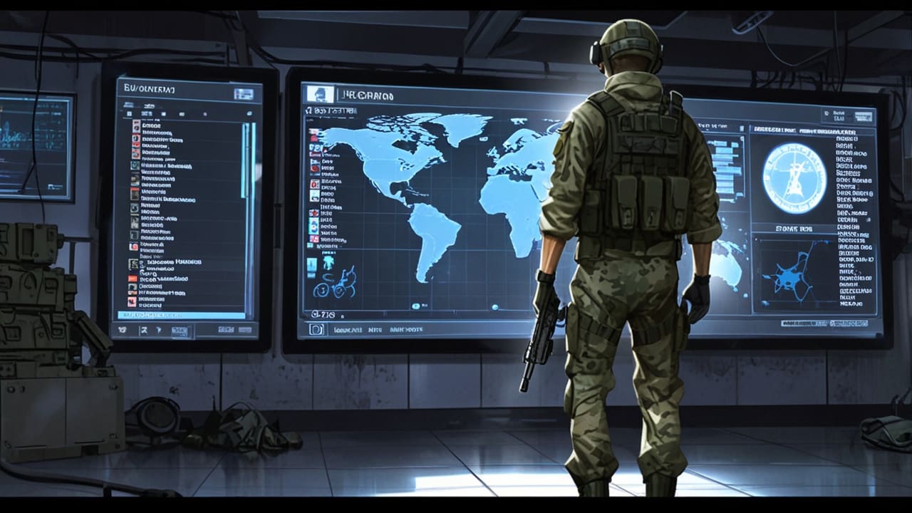Imagen digital de un centro de comando militar moderno con pantallas y tecnología avanzada.