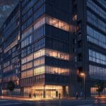 Edificio gubernamental moderno con elementos tecnológicos visibles al atardecer