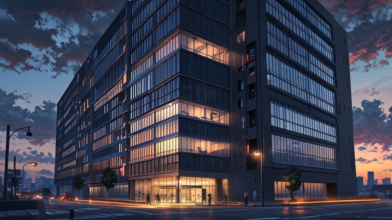 Edificio gubernamental moderno con elementos tecnológicos visibles al atardecer