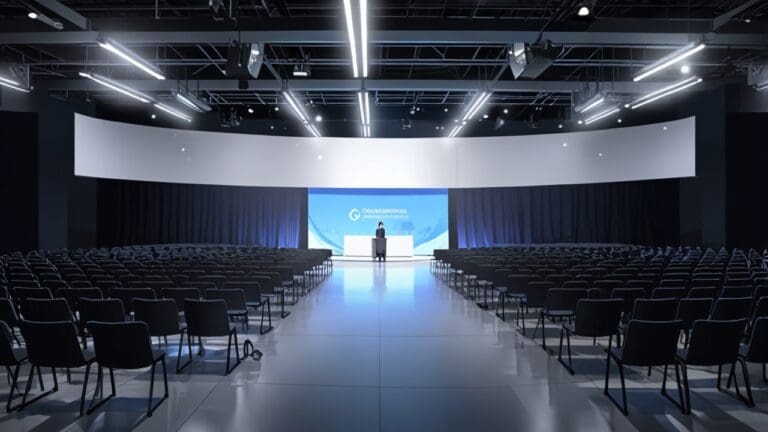 Centro de conferencias moderno con asistentes y tecnología avanzada en exhibición.