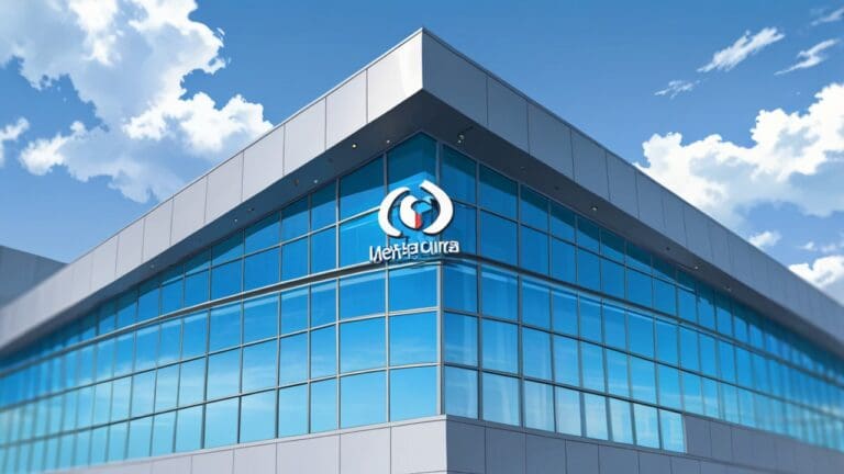 Edificio moderno con logotipo de tecnología alimentaria sobre un cielo azul claro.