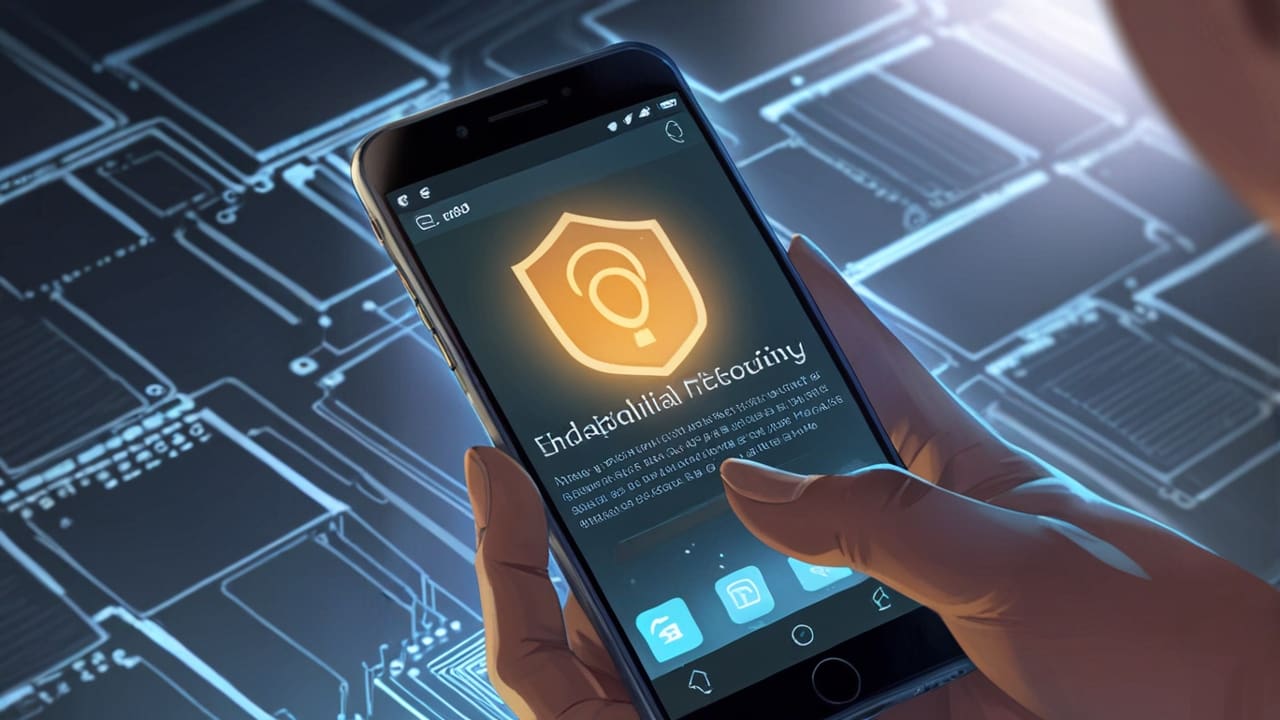 Close-up de un dispositivo móvil mostrando una interfaz de seguridad digital sobre un fondo tecnológico moderno.