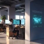 Oficina moderna de una startup tecnológica con pantallas digitales y equipos de trabajo.