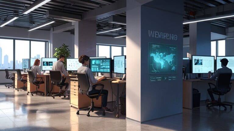 Oficina moderna de una startup tecnológica con pantallas digitales y equipos de trabajo.