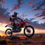 Moto eléctrica offroad en un paisaje desértico durante el atardecer.