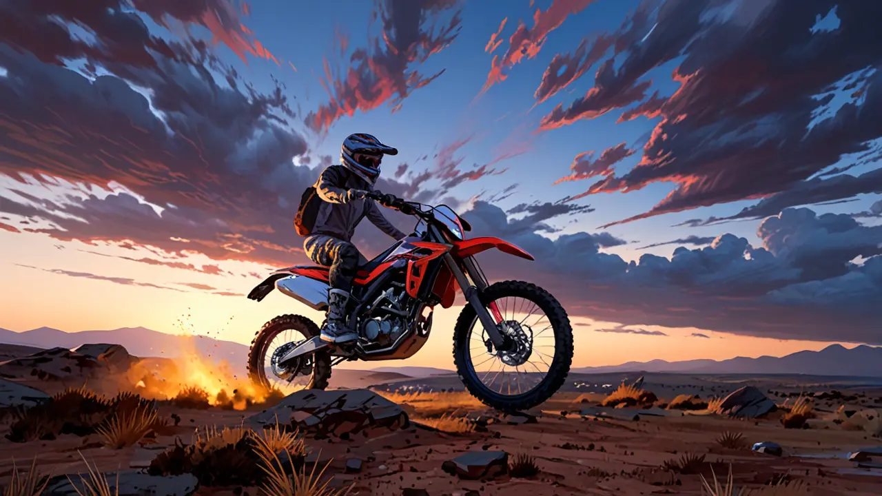 Moto eléctrica offroad en un paisaje desértico durante el atardecer.