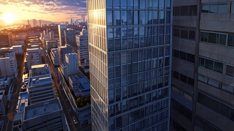 Vista aérea de un edificio moderno en un entorno tecnológico y urbano al atardecer.