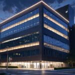 Edificio moderno de oficinas tecnológicas con iluminación tenue al anochecer