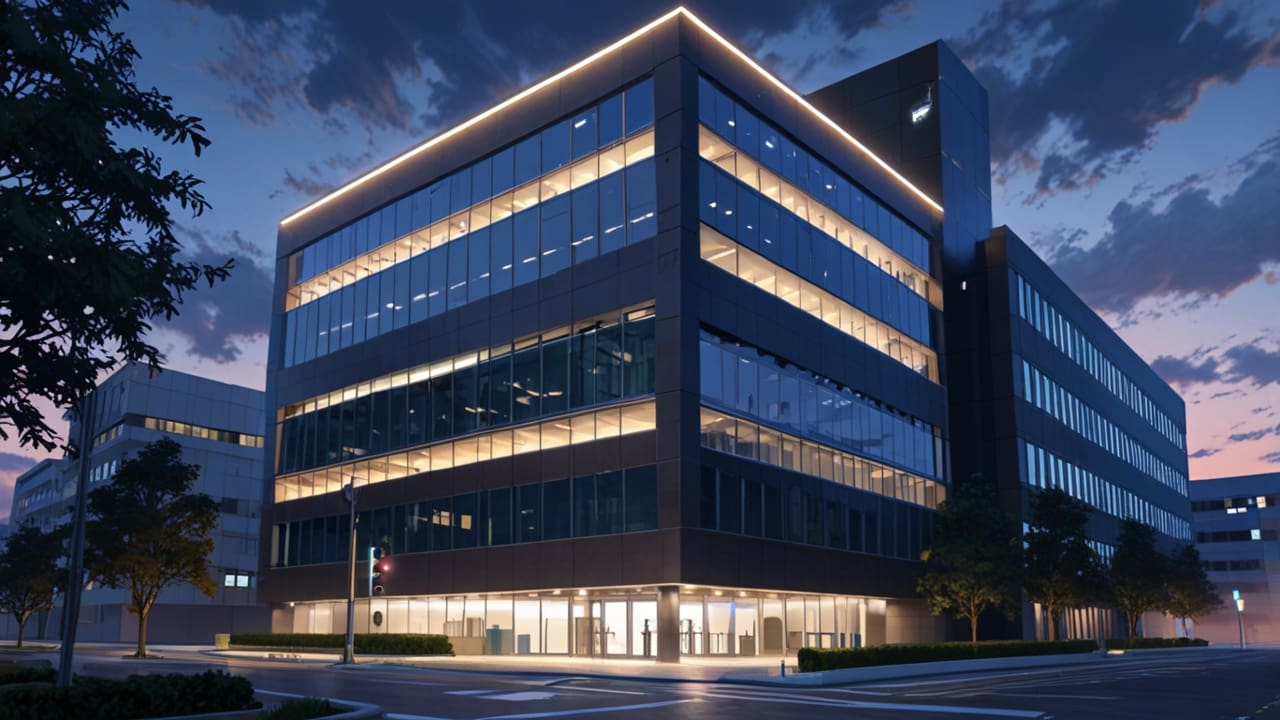 Edificio moderno de oficinas tecnológicas con iluminación tenue al anochecer