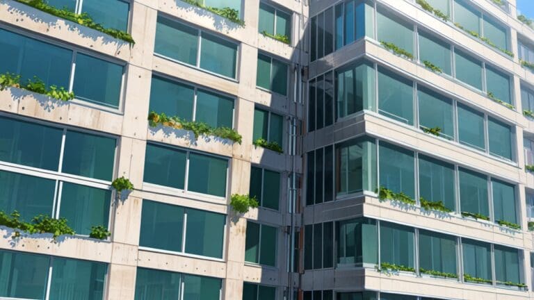 Edificio moderno con paneles solares rodeado de vegetación verde, en un entorno urbano sostenible.