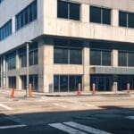 Auto moderno estacionado en una calle urbana con edificios y tecnología de fondo