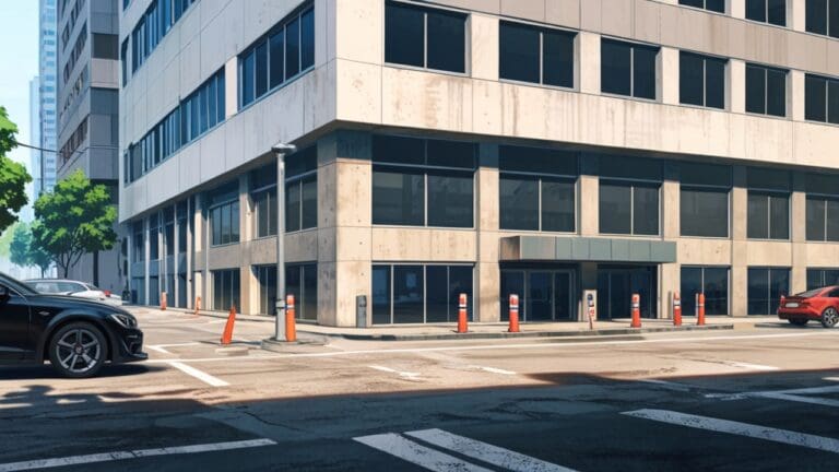 Auto moderno estacionado en una calle urbana con edificios y tecnología de fondo