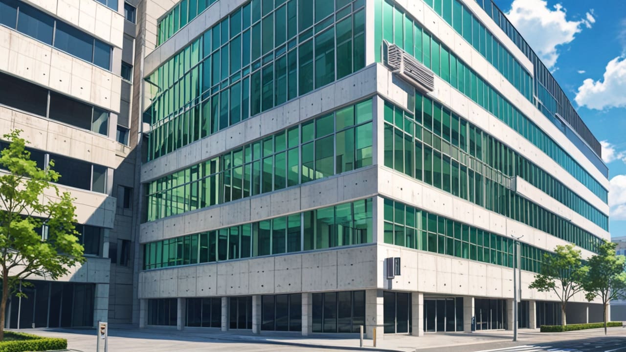 Moderno edificio de oficinas sostenibles con elementos verdes y paneles solares