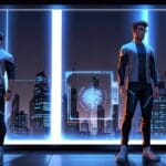 Centro de innovación tecnológica con pantallas y dispositivos futuristas iluminados