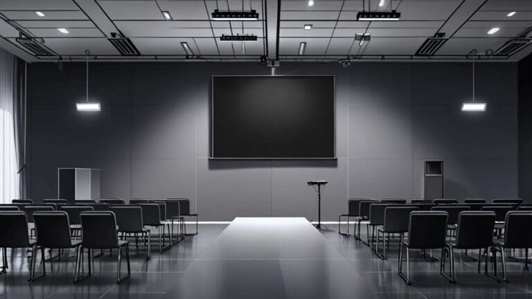 Sala de conferencias moderna con pantallas mostrando tecnología innovadora