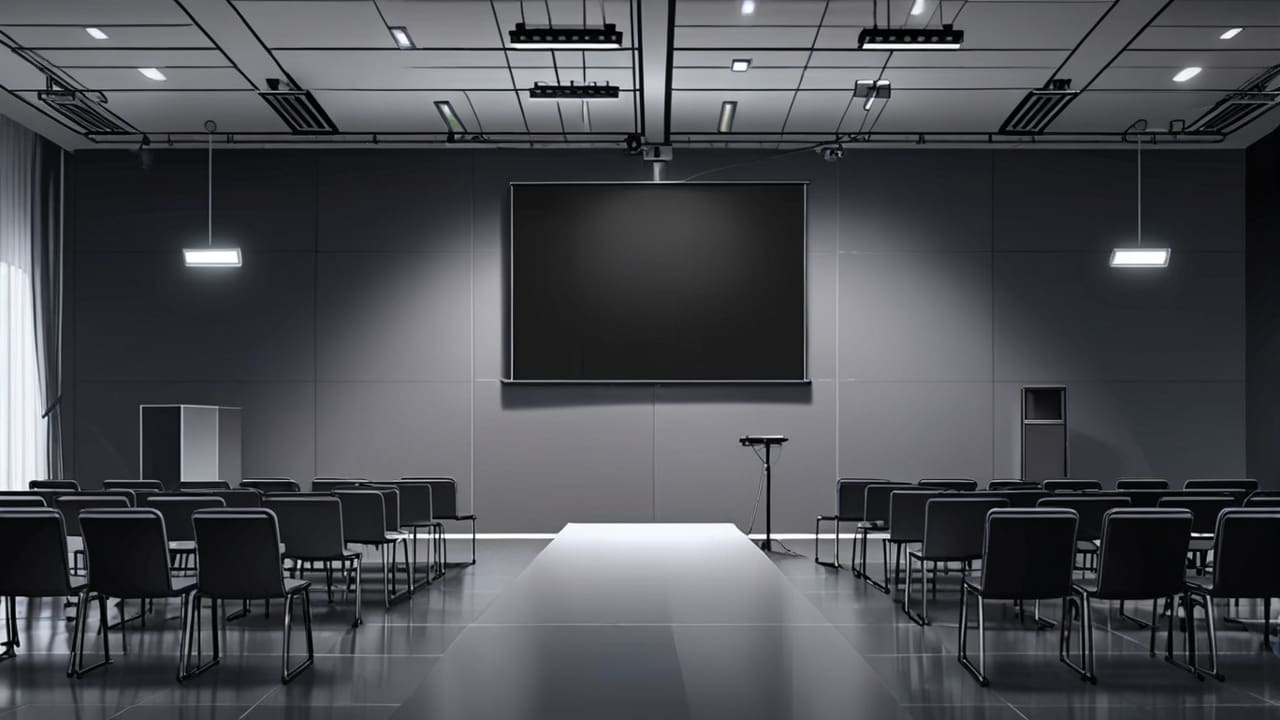 Sala de conferencias moderna con pantallas mostrando tecnología innovadora