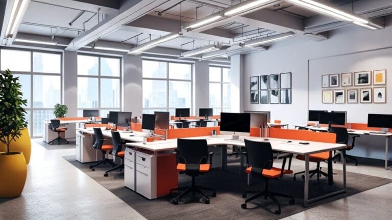 Espacio moderno de oficina con impresoras 3D y áreas de coworking