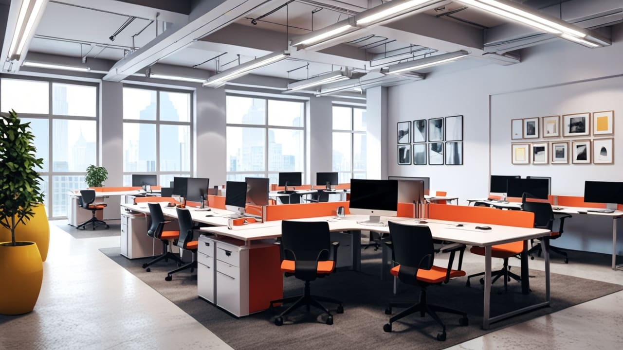 Espacio moderno de oficina con impresoras 3D y áreas de coworking