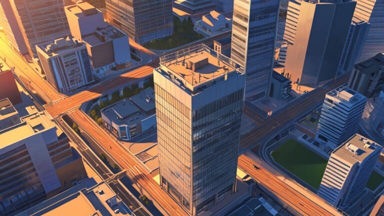 Vista aérea de un moderno centro tecnológico en una ciudad al atardecer