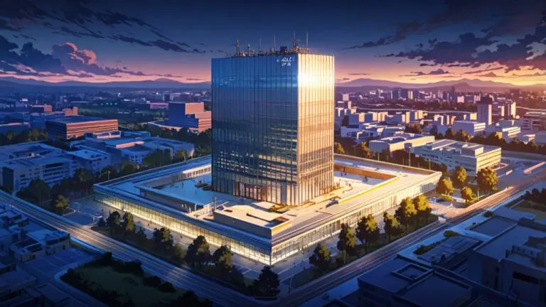 Vista aérea de un centro de innovación tecnológica con edificios modernos y estructuras de vidrio al amanecer