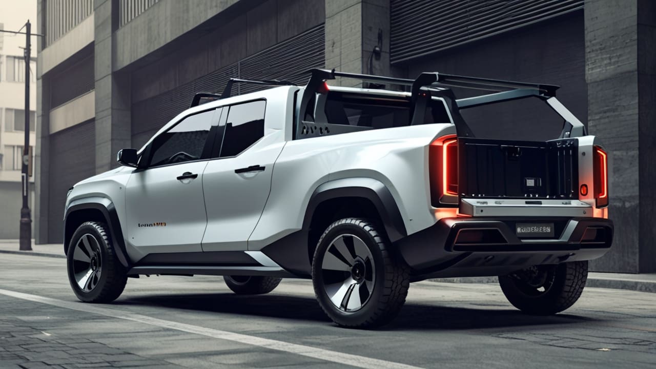 Moderna pick-up eléctrica de estilo futurista en un entorno urbano