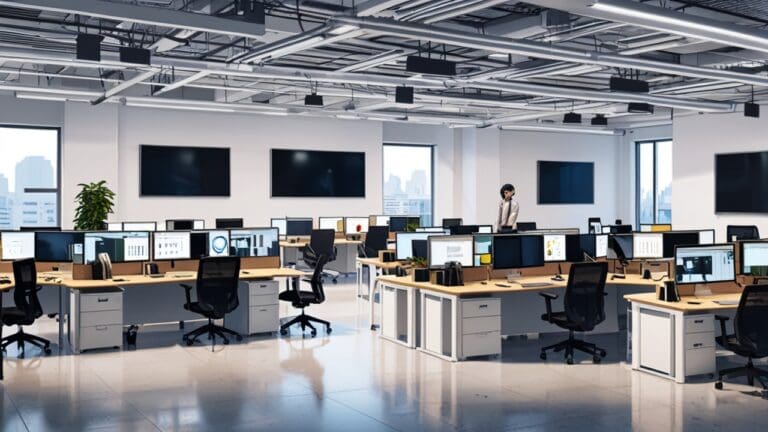 Oficinas modernas de una startup tecnológica con ordenadores y equipo de trabajo en mesas blancas