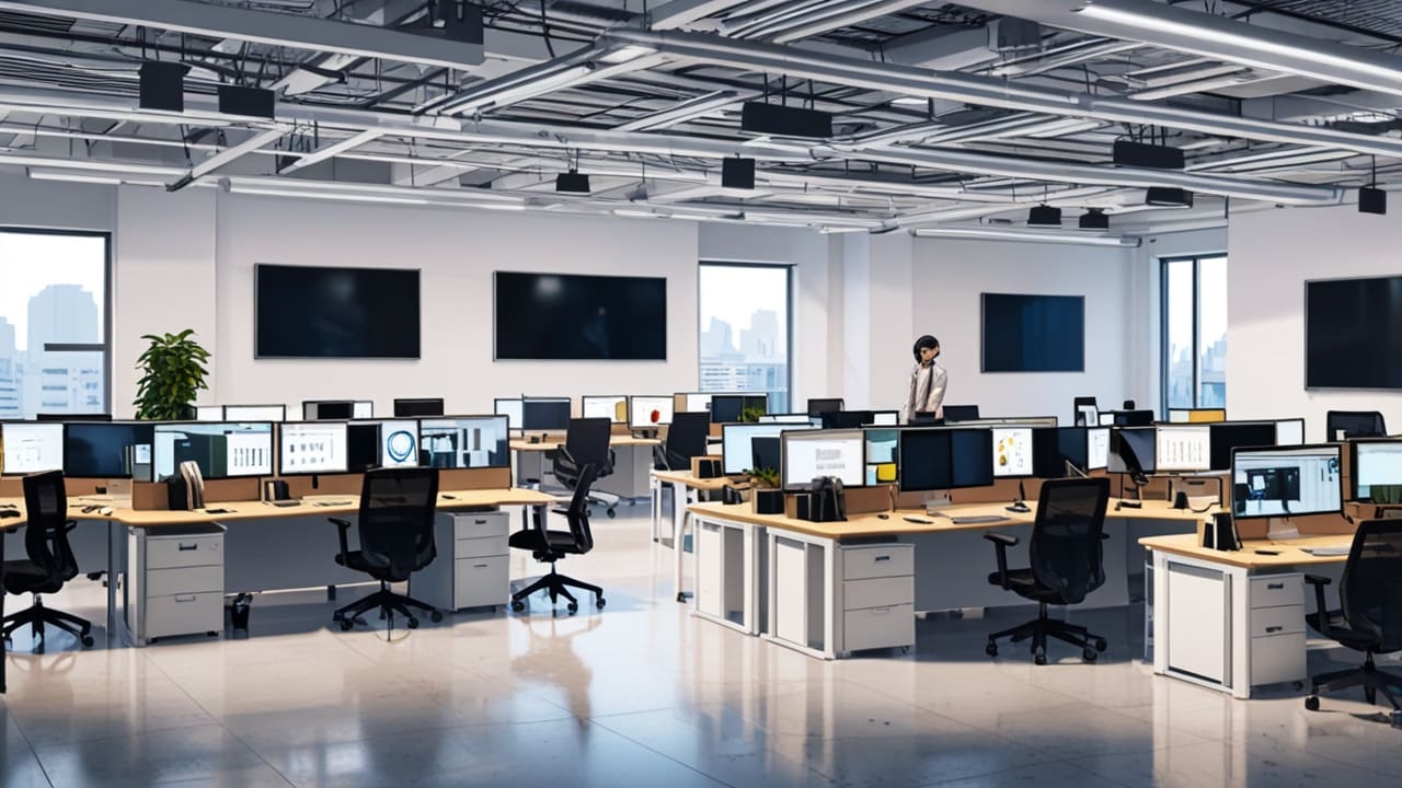 Oficinas modernas de una startup tecnológica con ordenadores y equipo de trabajo en mesas blancas