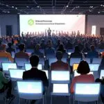 Imagen de un moderno centro de conferencias con stands de startups tecnológicas