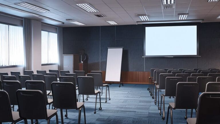 Sala de conferencias moderna con pantallas digitales y asistentes atentos