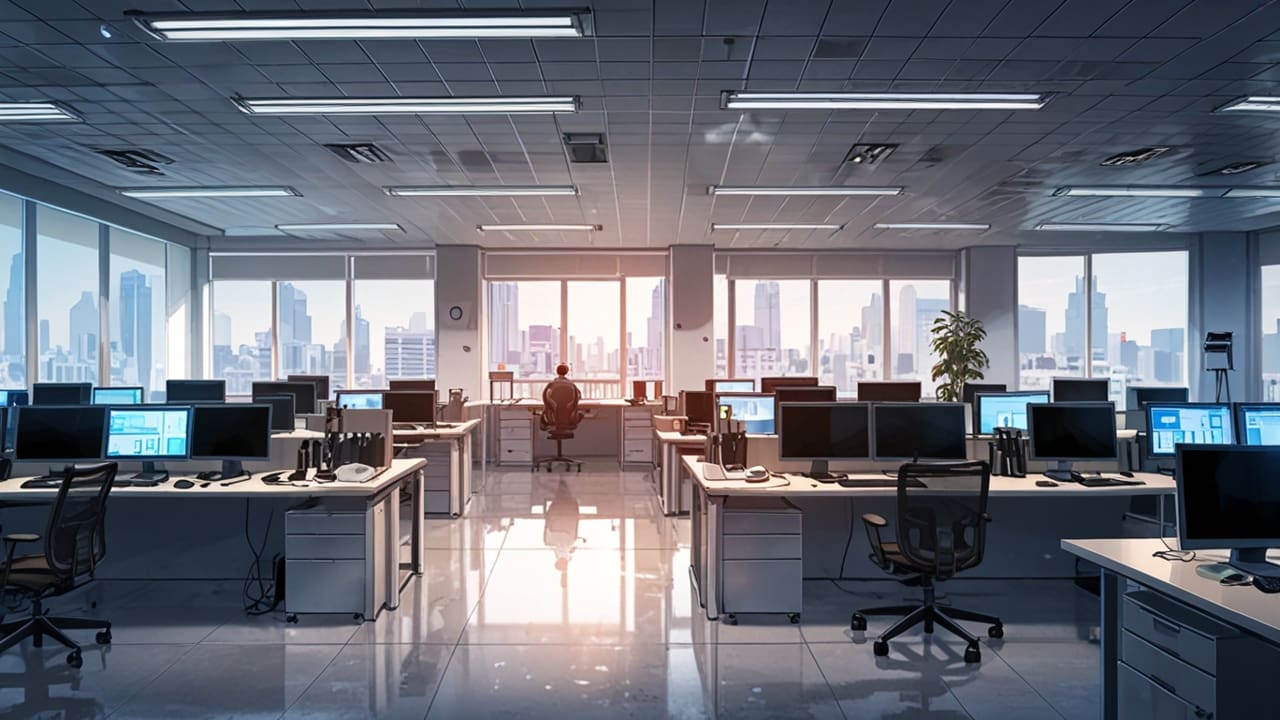 Panorámica de una moderna oficina tecnológica con pantallas y equipos, en un ambiente profesional.