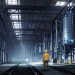 Primer plano de válvulas industriales en un entorno de minería, iluminadas por luz tenue azulada.