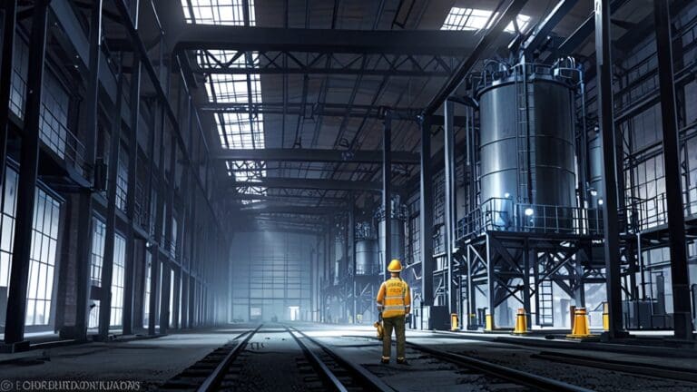 Primer plano de válvulas industriales en un entorno de minería, iluminadas por luz tenue azulada.