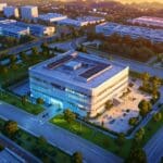 Vista aérea de un moderno centro tecnológico en un parque empresarial al atardecer
