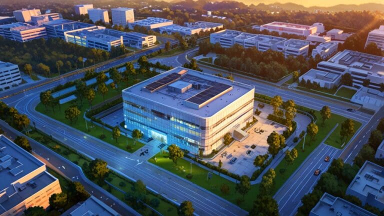 Vista aérea de un moderno centro tecnológico en un parque empresarial al atardecer