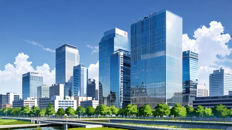 Panorámica de edificios empresariales innovadores en una ciudad junto a verdes colinas.