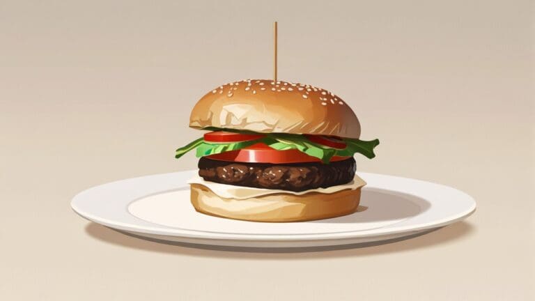 Primer plano de una hamburguesa de champiñones en un elegante plato de presentación con fondo moderno y minimalista.