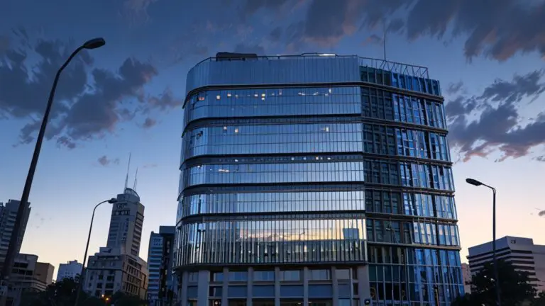 Edificio moderno en Buenos Aires con un enfoque en tecnología e innovación al amanecer