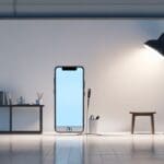 Close-up de una lupa moderna junto a un dispositivo móvil en un entorno minimalista