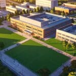 Vista aérea de un moderno campus universitario rodeado de zonas verdes, al atardecer