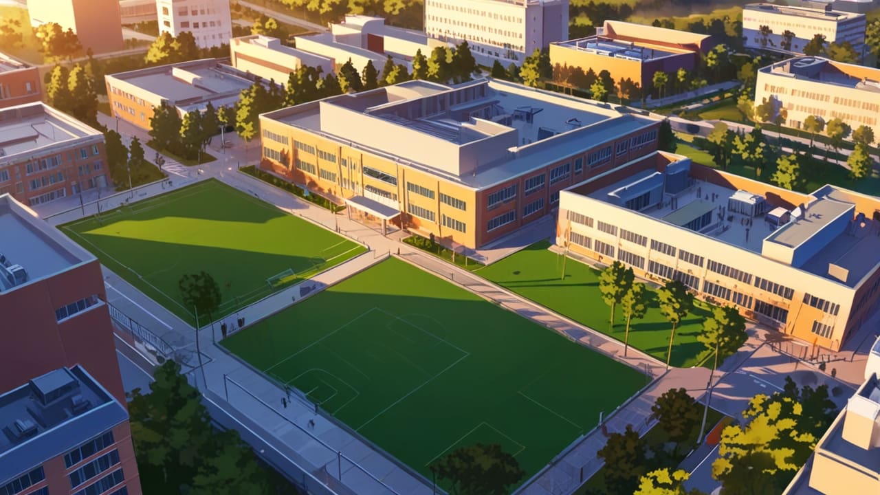 Vista aérea de un moderno campus universitario rodeado de zonas verdes, al atardecer