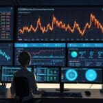 Oficina moderna con computadoras y gráficos de criptomonedas en pantalla, iluminación suave.