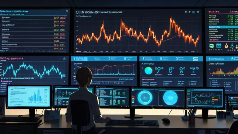 Oficina moderna con computadoras y gráficos de criptomonedas en pantalla, iluminación suave.