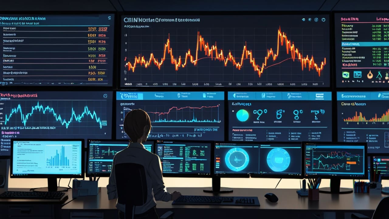 Oficina moderna con computadoras y gráficos de criptomonedas en pantalla, iluminación suave.