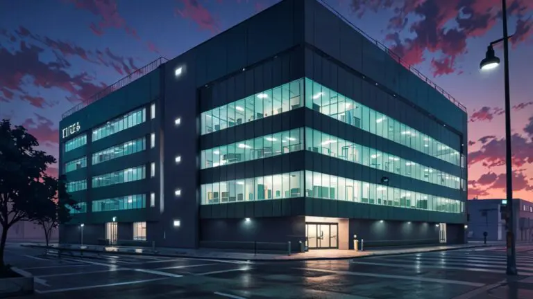 Edificio moderno de una empresa tecnológica con luces encendidas al anochecer, representando el auge de las startups.