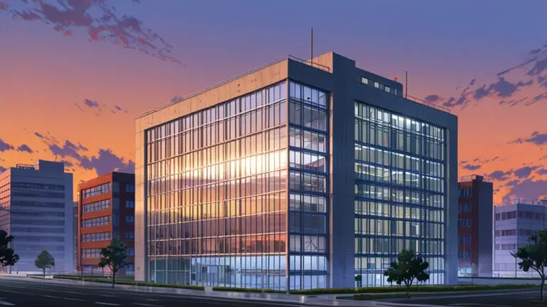 Edificio moderno con oficinas de una start-up tecnológica al atardecer, diseño limpio y profesional.