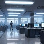 Vista área de una moderna oficina tecnológica llena de pantallas y servidores.